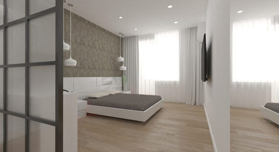 Спальня: готовый дизайн проект в стиле "Минимализм". Площадь 18.0 м² - фото №3