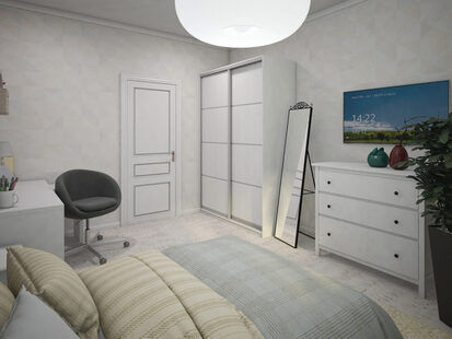 Фото № 2: Дизайн-проект спальни 15.6  м² стиль Современная классика для ЖК Переделкино Ближнее