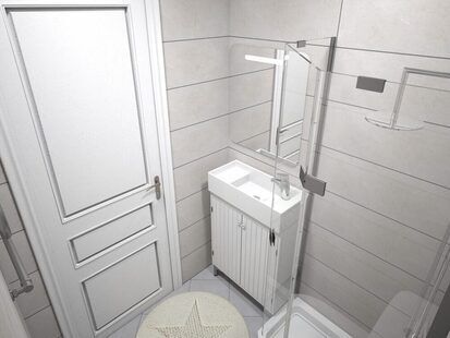 Фото № 2: Дизайн-проект совмещенного санузла 4.9  м² стиль Современная классика для ЖК Переделкино Ближнее