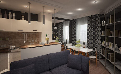 Фото № 1: Дизайн-проект квартиры-студии 35.4  м² стиль Модернизм для ЖК Петровский Квартал