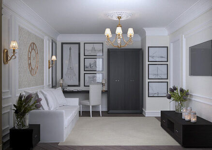 Фото № 2: Дизайн-проект однокомнатной квартиры 29.0  м² стиль Современная классика для ЖК Эверест
