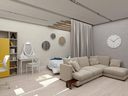 Фото № 1: Дизайн-проект зала 24.6  м² стиль Современная классика для ЖК Мещера