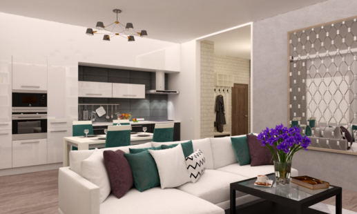 Фото № 1: Дизайн-проект кухни-гостиной 33.9  м² стиль Модернизм для ЖК Ника Парк