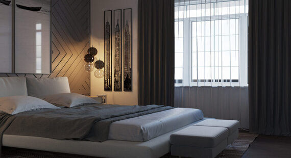 Спальня: готовый дизайн проект в стиле "Минимализм". Площадь 15.0 м² - фото №1