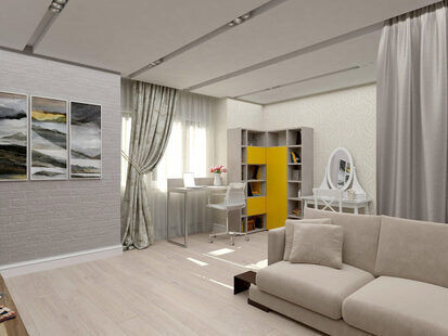 Фото № 3: Дизайн-проект однокомнатной квартиры 56.5  м² стиль Современная классика для ЖК Мещера