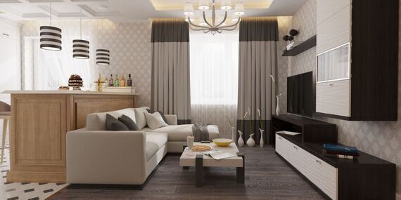 Фото № 2: Дизайн-проект кухни-гостиной 25.7  м² стиль Современная классика для ЖК Лазурный