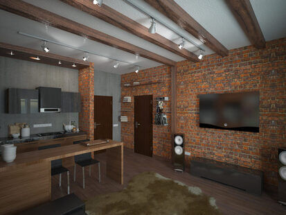 Фото № 2: Дизайн-проект кухни-гостиной 23.5  м² стиль Лофт для ЖК Ника Парк