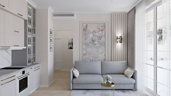 Фото № 1: Дизайн-проект двухкомнатной квартиры 44.3  м² Современная классика для ЖК Северный