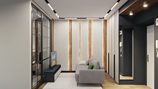 Фото № 2: Дизайн-проект однокомнатной квартиры 34.87  м² Современный стиль для ЖК Профит