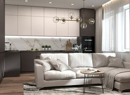 Фото № 1: Дизайн-проект кухни-гостиной 19.2  м² Стиль Модернизм для ЖК Переделкино Ближнее