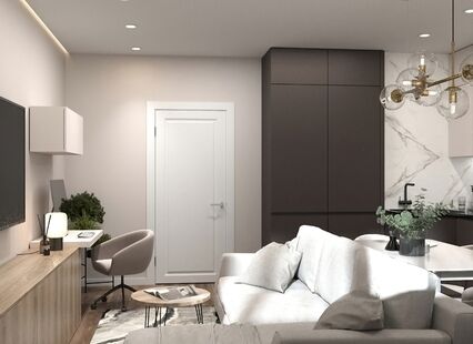 Фото № 4: Дизайн-проект кухни-гостиной 19.2  м² Стиль Модернизм для ЖК Переделкино Ближнее