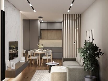 Фото № 1: Дизайн-проект двухкомнатной квартиры 57.11  м² Стиль Модернизм для ЖК Алые Паруса