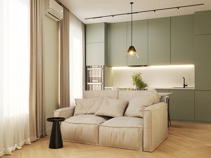 Фото № 1: Дизайн-проект двухкомнатной квартиры 44.2  м² Современный стиль для ЖК Level Нагатинская