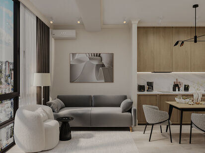 Фото № 1: Дизайн-проект двухкомнатной квартиры 48.02  м² Стиль Модернизм для ЖК Династия