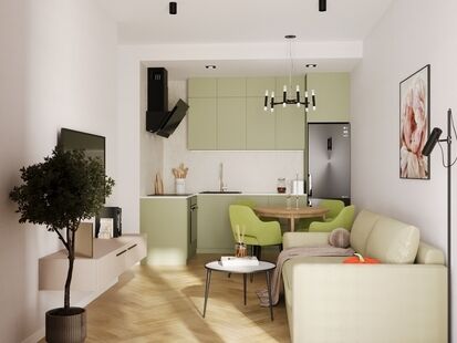 Фото № 1: Дизайн-проект двухкомнатной квартиры 38.67  м² Современный стиль для ЖК Кварталы Отрады