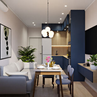 Фото № 2: Дизайн-проект трехкомнатной квартиры 58.26  м² Стиль Модернизм для ЖК Рафинад