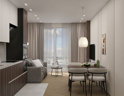 Фото № 1: Дизайн-проект однокомнатной квартиры 64.49  м² Современный стиль для ЖК Равновесие