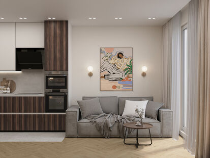 Фото № 6: Дизайн-проект однокомнатной квартиры 64.49  м² Современный стиль для ЖК Равновесие