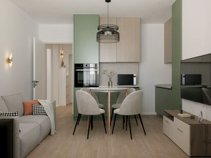 Фото № 1: Дизайн-проект двухкомнатной квартиры 43.0  м² Стиль Контемпорари для ЖК Высота 56