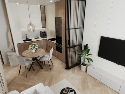 Фото № 1: Дизайн-проект двухкомнатной квартиры 32.5  м² Стиль Модернизм для ЖК Level Нагатинская