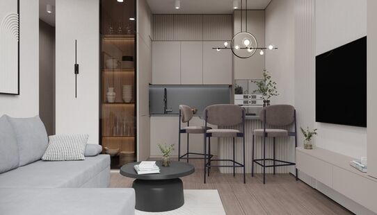 Фото № 1: Дизайн-проект двухкомнатной квартиры 37.02  м² Стиль Модернизм для ЖК Достижение