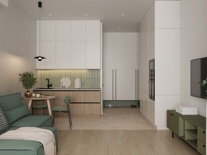 Фото № 6: Дизайн-проект однокомнатной квартиры 34.52  м² Стиль Контемпорари для ЖК Highway