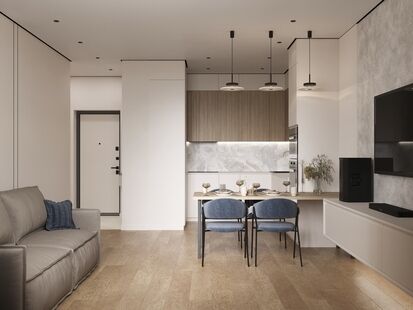 Фото № 3: Дизайн-проект четырехкомнатной квартиры 75.1  м² Стиль Модернизм для ЖК Серебрица